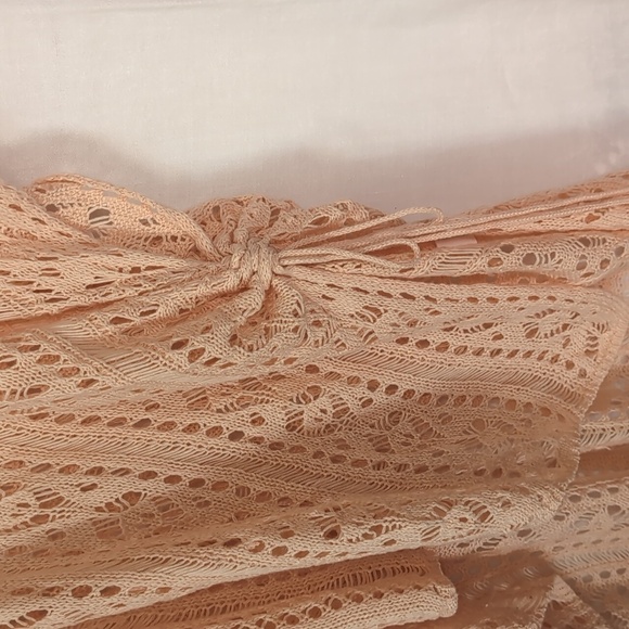 🍉 Peach Open Knit Crocheted Poncho Ruched Tie Sides Bohemian One Size - Picture 2 of 4